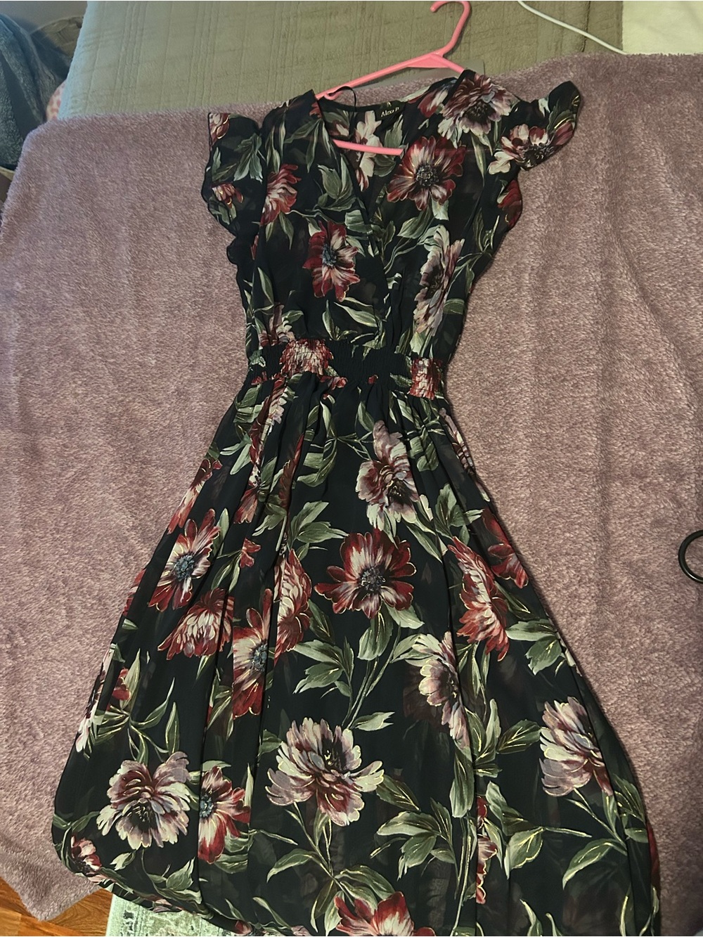 Floral V-Neck Black Maxi Dress with Burgundy Blooms
